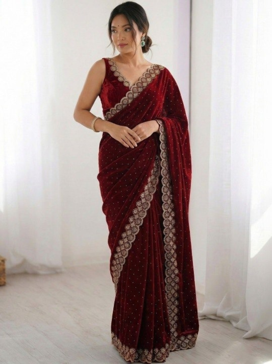 ✨ Elegant Satin Chiffon Saree with Handcrafted Real Beads Work – Luxury Designer Collection