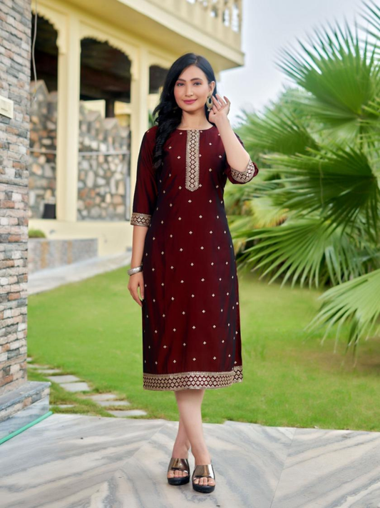 Aanchi BELLA Rangeela Silk Kurti Collection | Fancy Embroidery Straight Cut | M to XXL | 5 Pcs Set