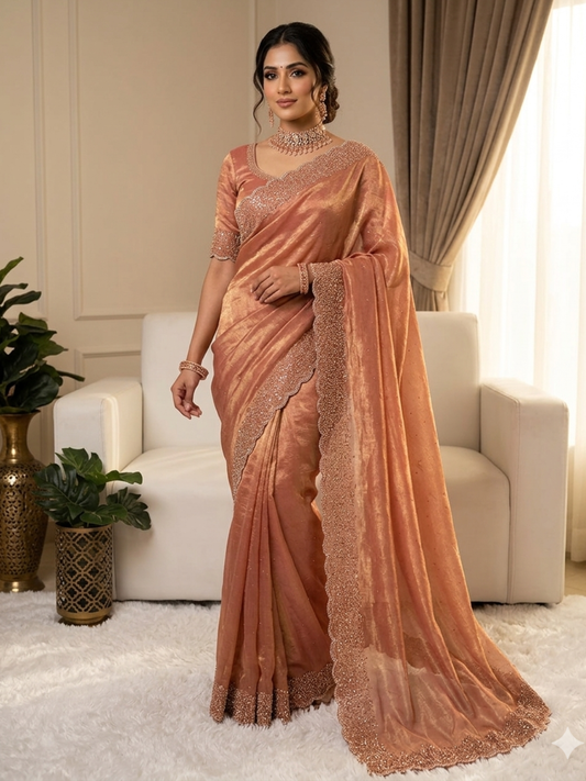 ✨ Premium Fendy Chiffon Saree with Beautiful Hand Work & Swarovski Diamond Lace Border