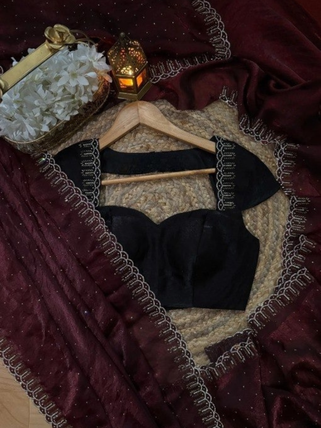 β¨ Premium Fendy Chiffon Saree with Zarkhan Hand Work & Diamond Border β Rich Designer Collection