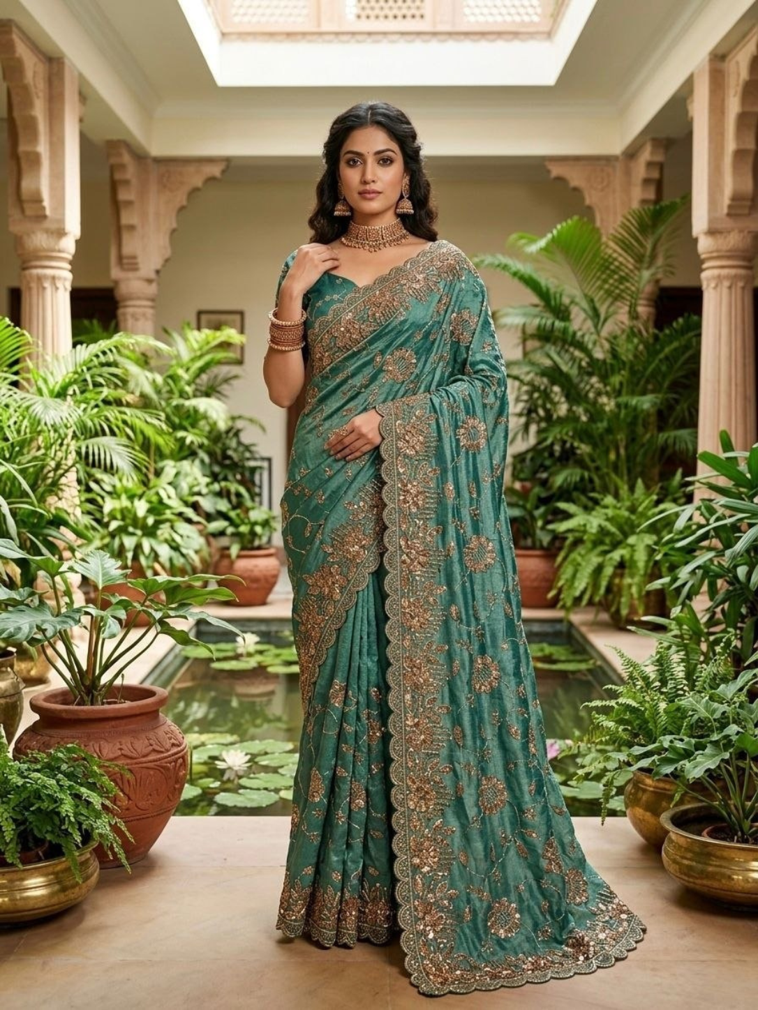 Fandy Satin Silk Designer Saree | Beads & Copper Sequins Embroidery with Cutwork Border