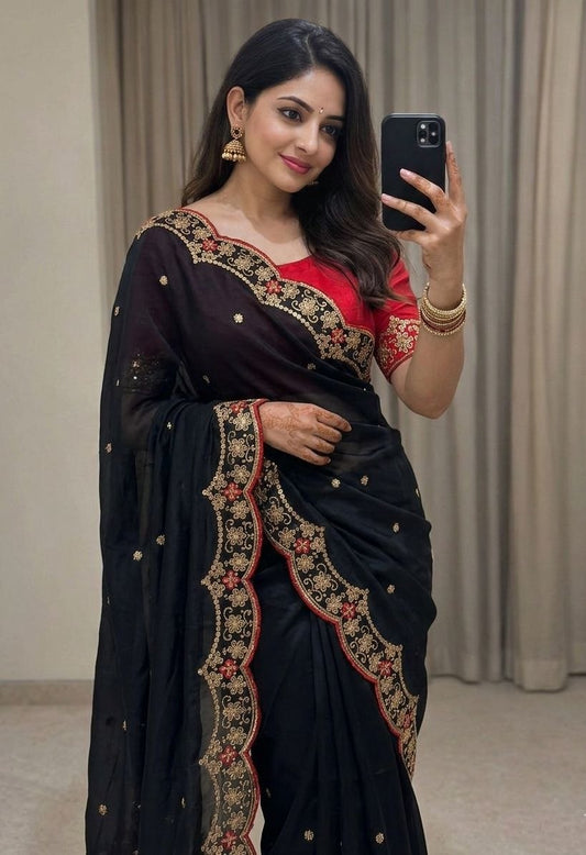 Premium Rangoli Silk Saree for Women | Heavy Embroidered Designer Party Wear Saree with Contrast Blouse (RO13803)