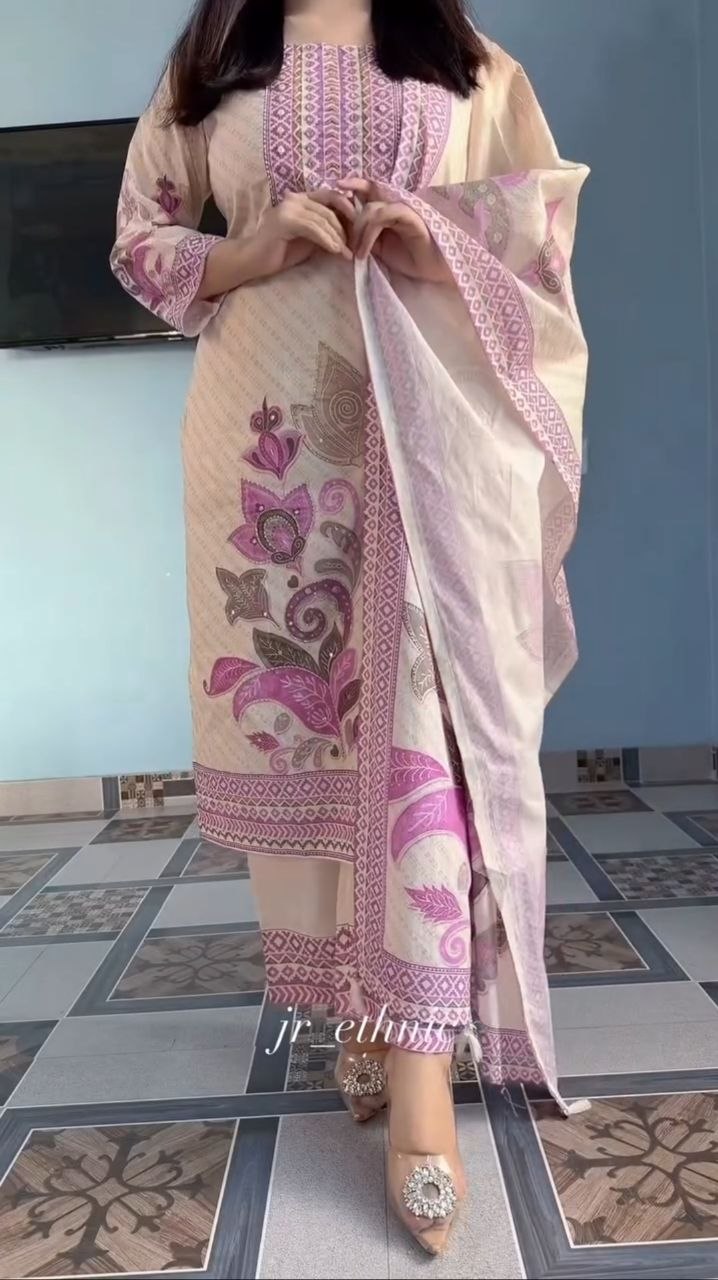 Women’s Pink Printed Kurta Pant Set with Dupatta | Pure Soft Rasberry Silk | RO16534