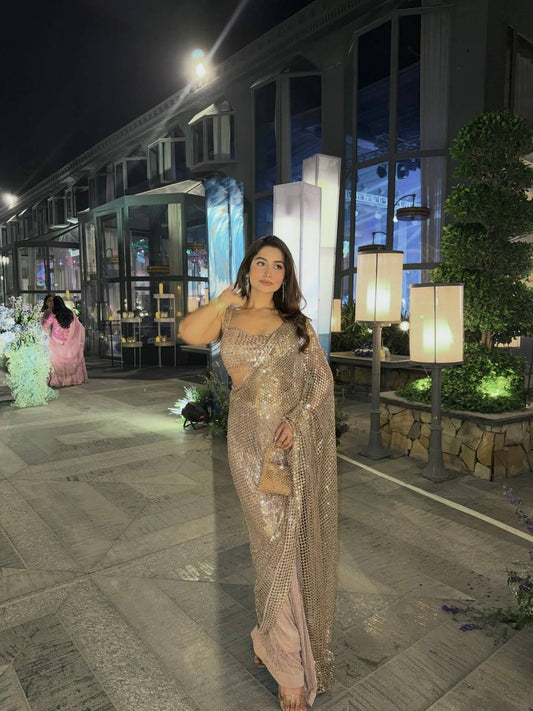 Champagne Gold Sparkle Silk & Net Saree with 9mm Sequin Work and Thai Silk Blouse | RO19976