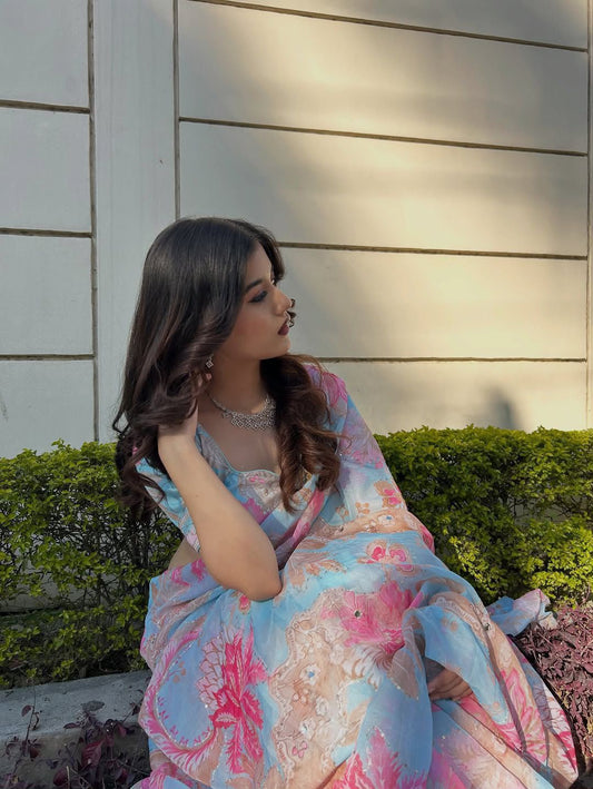 Combo of 2 Celebrity Inspired Tebby Silk Saree with Digital Floral Print, Mirror Work & Embroidered Lace Border|RO19987
