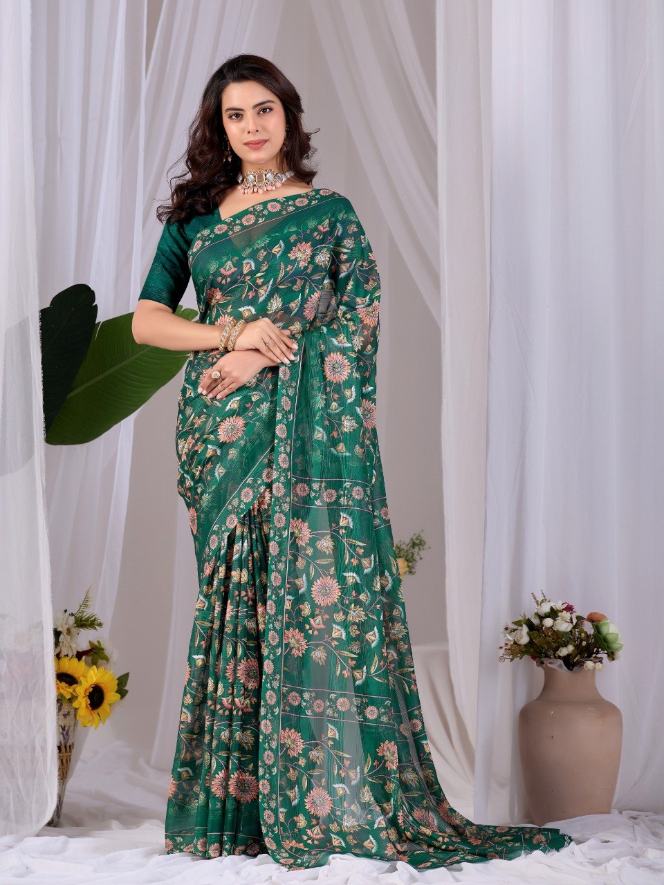 Premium Emerald Green Monsoon Saree with Floral Digital Print | Designer Party Wear Saree with Matching Blouse