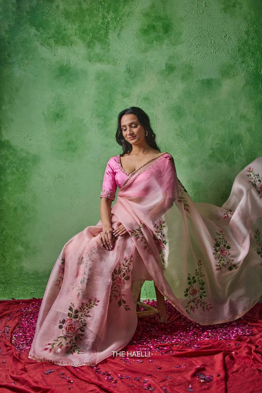 Premium Soft Tabby Floral & Sparrow Print Saree with Cutdana Handwork | Designer Party Wear, Wedding & Festive Saree with Jalpari Silk Blouse