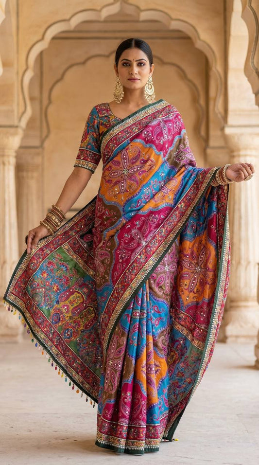 Premium Roman Silk Ajrakh Print Saree with Real Mirror Work | Designer Party Wear, Wedding & Festive Saree with Matching Blouse
