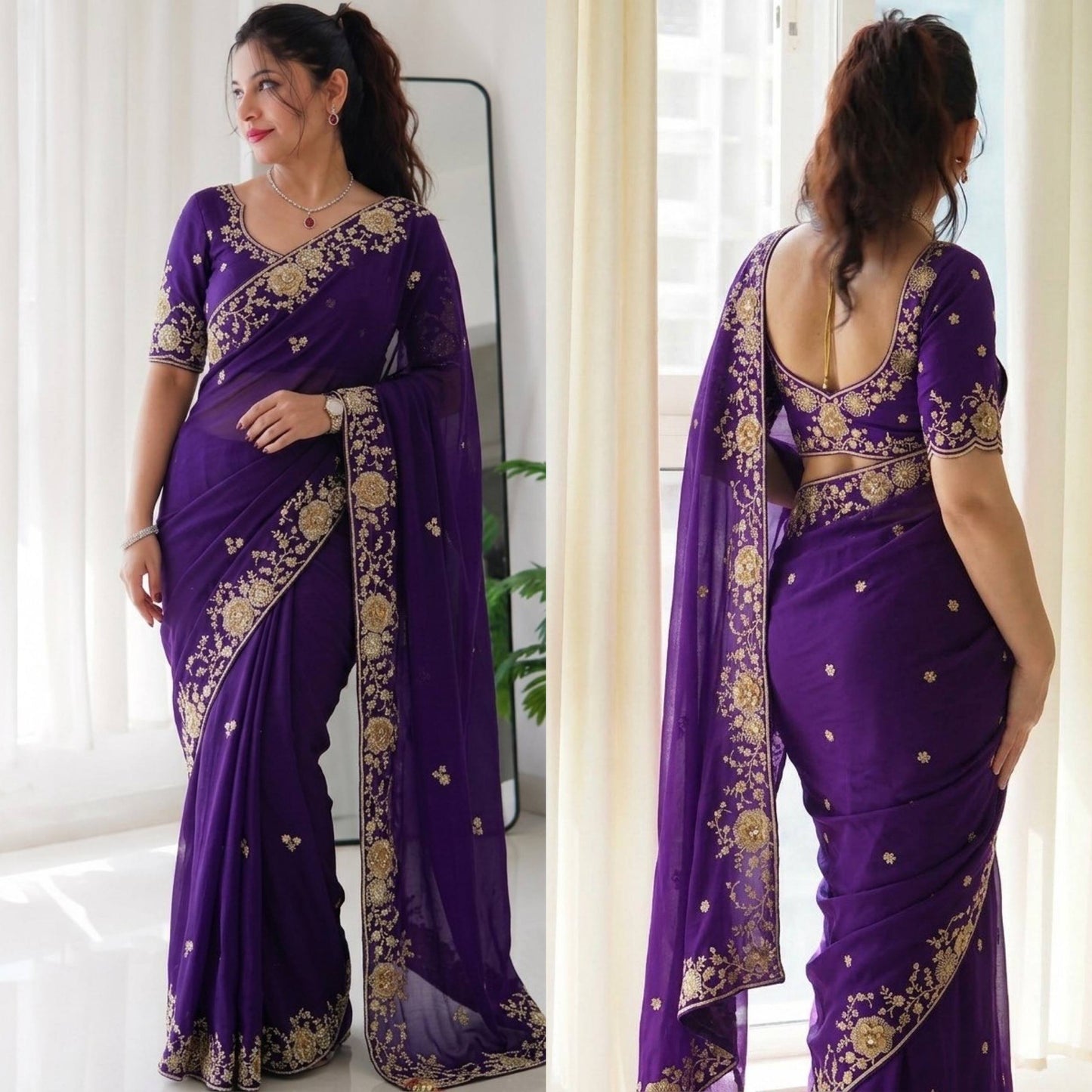 Premium Purple Rangoli Silk Embroidered Saree with Heavy Cutwork Border & Mono Banglory Silk Blouse | Wedding & Party Wear Designer Saree (RO17103)