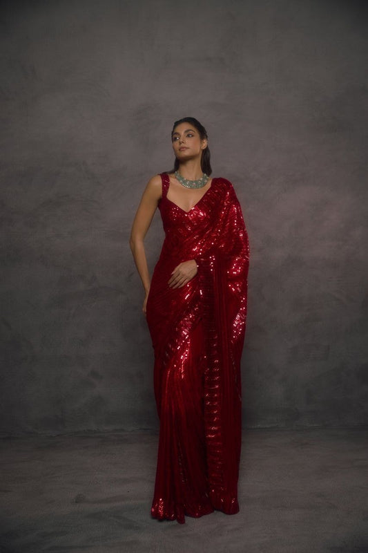 RO17124 Premium Red Faux Georgette Sequins Embroidered Saree with Heavy Designer Blouse | Bollywood Party Wear Wedding Saree