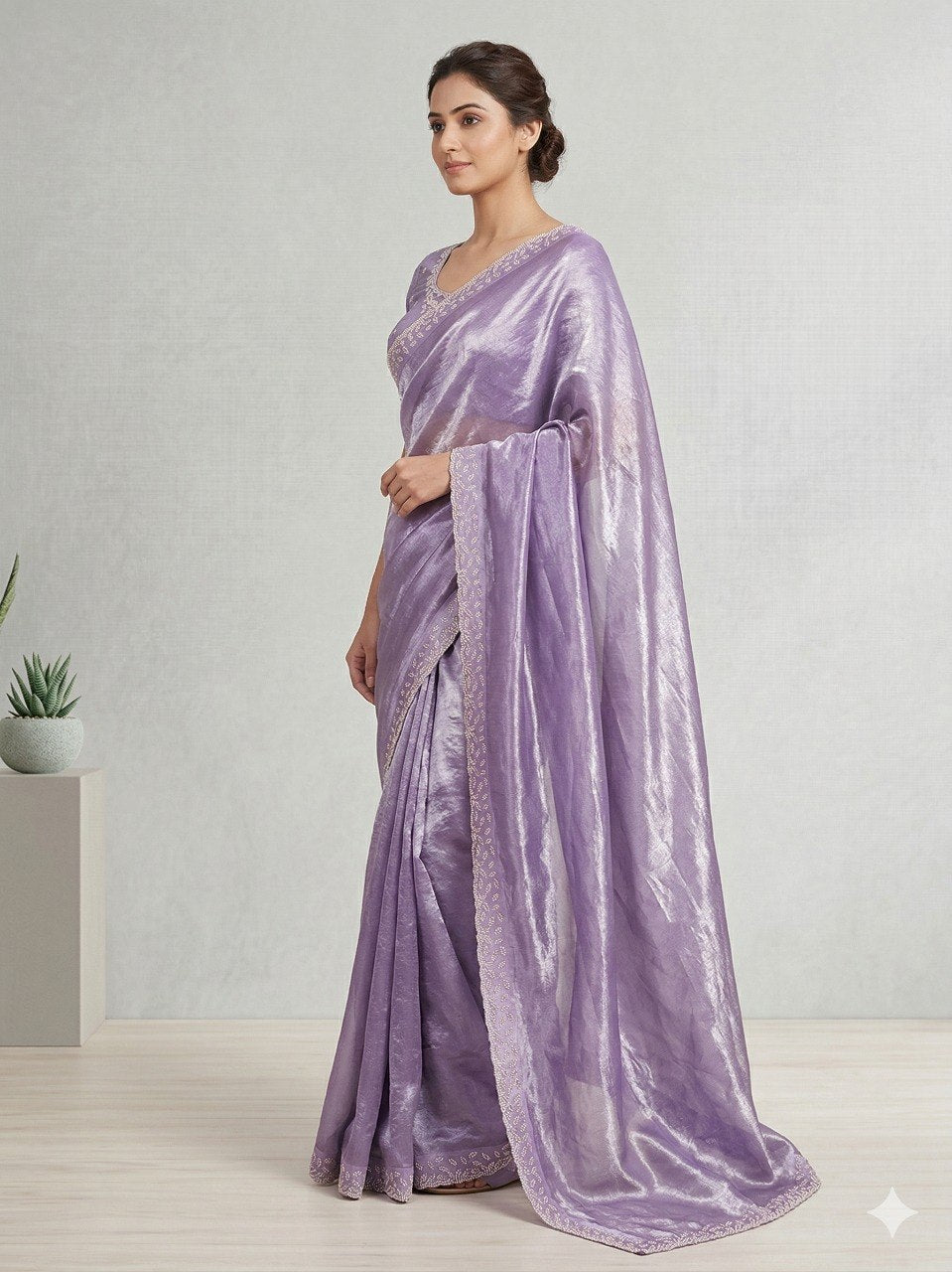 RO17185 Lavender Space Silk Saree with Zarkan Diamond Work & Designer Blouse | Elegant Wedding & Party Wear Saree