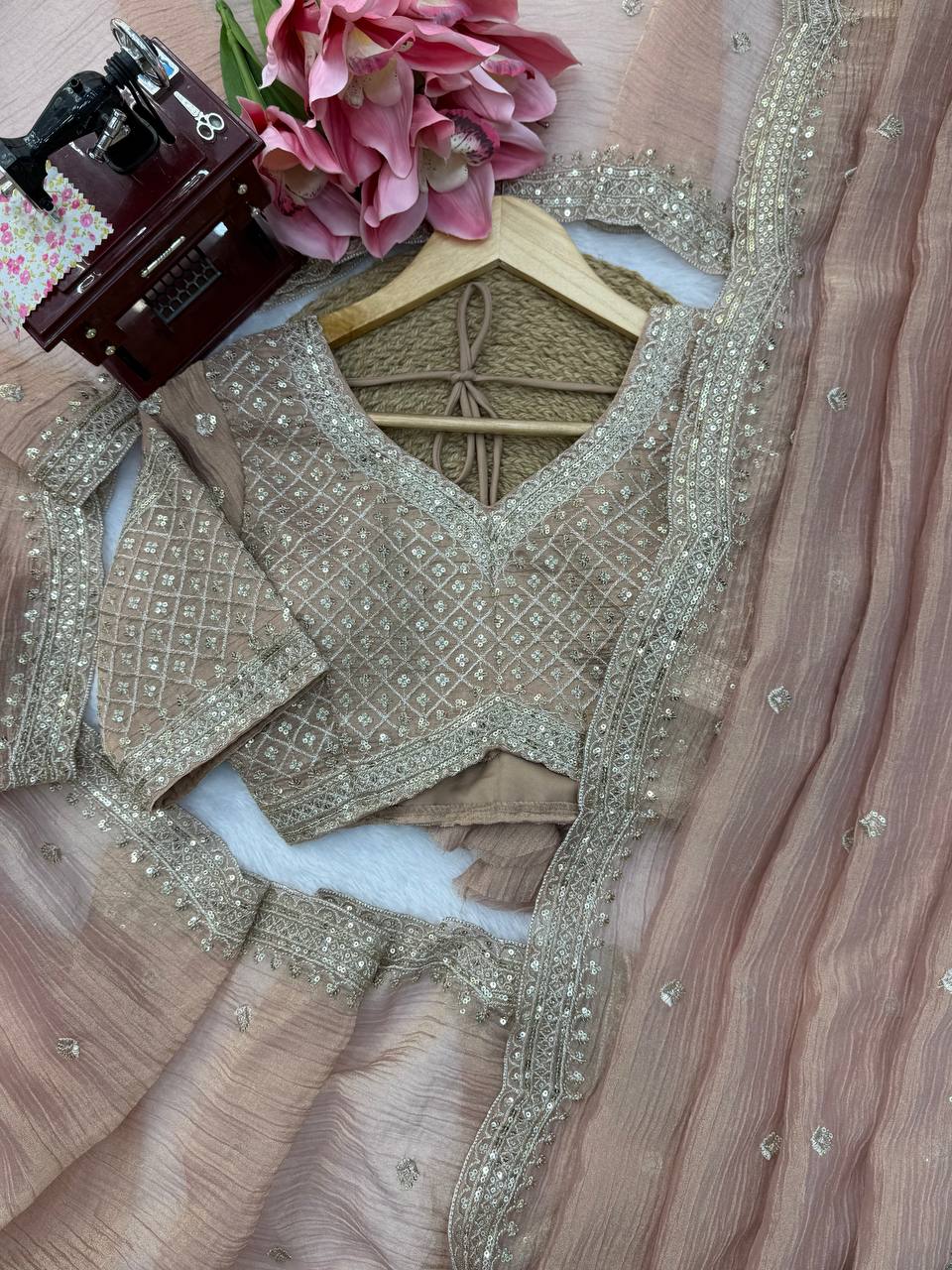 Premium Tissue Salsa Crush Saree with Thread & Sequin Work | RO17532