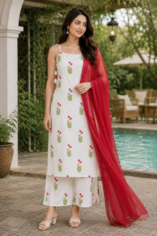 Women’s White Printed Kurta Palazzo Set with Georgette Dupatta | Reyon Slub Co-ord Set