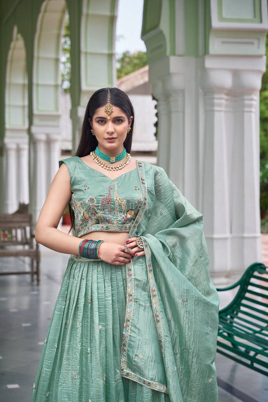 Premium Gold Crush Embroidered Lehenga Choli Set with Dupatta | Stylish wedding wear outfit | RO18060