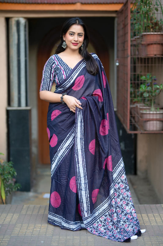 Premium Hand Block Printed Chanderi Cotton Saree β Batik & Ajrakh Design