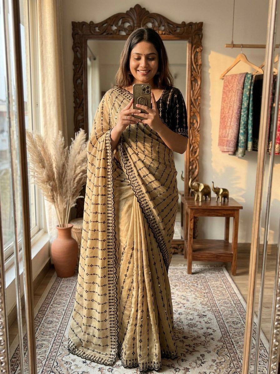 Viscose Rangoli Designer Saree | Floral Embroidery & Real Mirror Work with Scalloped Cutwork Border