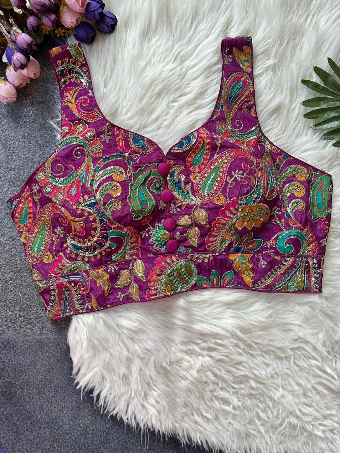 AMA B purple silk blend blouse with multicolor paisley embroidery, sleeveless, padded, and button front.