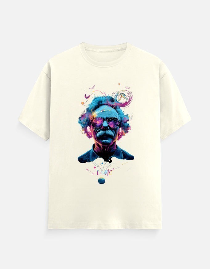 AMA B Unisex Classic Crew T-Shirt in cream, 100% cotton, featuring a vibrant graphic print of Albert Einstein with sunglasses and cosmic elements.