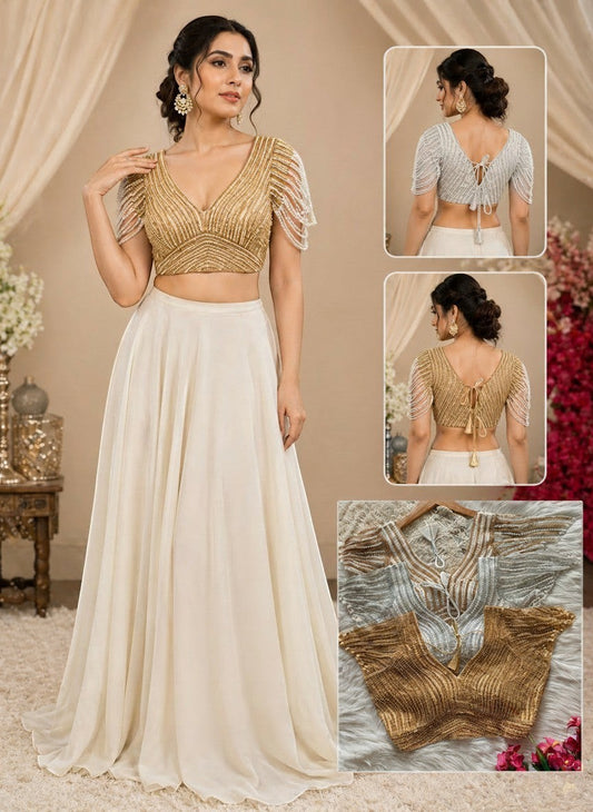 AMAB gold pure silk blouse with pearl bead fringe sleeves and V-neck, handcrafted for festive wear.