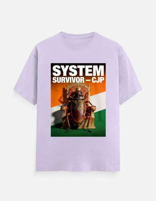 AMA B Graphic Print Oversized Cotton T-Shirt in light purple with a graphic of a cockroach on a throne with the text SYSTEM SURVIVOR - CJP.
