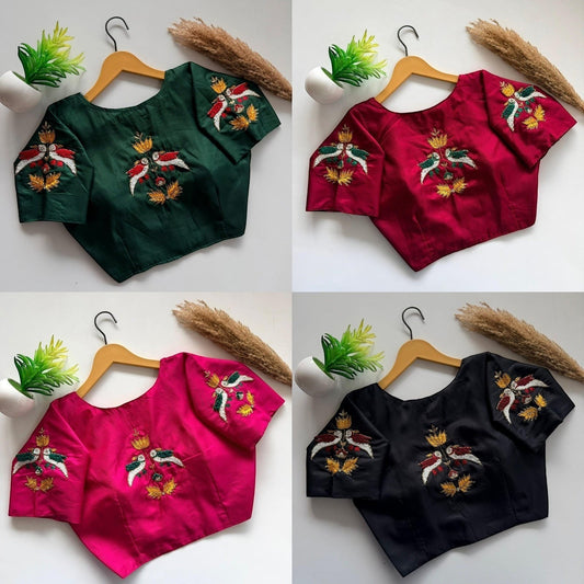 AMAB elegant haka silk blouse with handcrafted bird motif on back and sleeves, available in green, maroon, pink, and black.