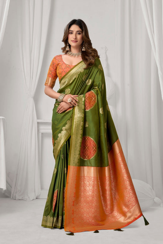 AMAB traditional olive green Kanjeevaram silk saree with orange border and circular motifs. Intricate zari work.