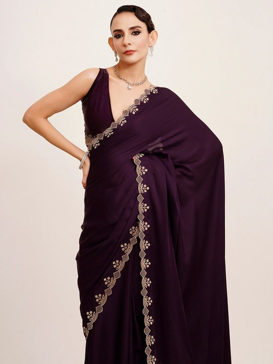 AMAB deep purple silk blend saree with gold embroidered floral motifs on border and pallu, paired with matching blouse.