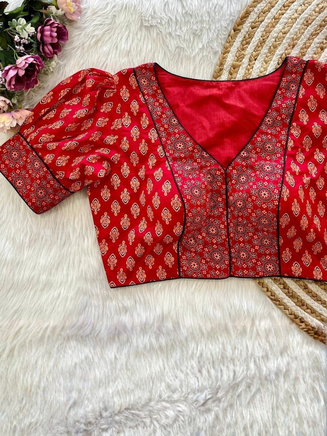AMAB red and gold Ajrakh print cambric cotton blouse with puff sleeves and front open design.