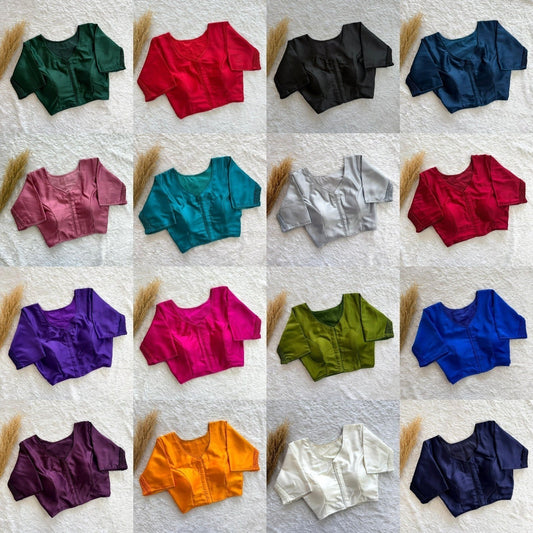 AMAB pure silk blouses in various colors: green, red, black, blue, pink, teal, silver, purple, magenta, olive, orange, white, navy. Elastic fit, padded.