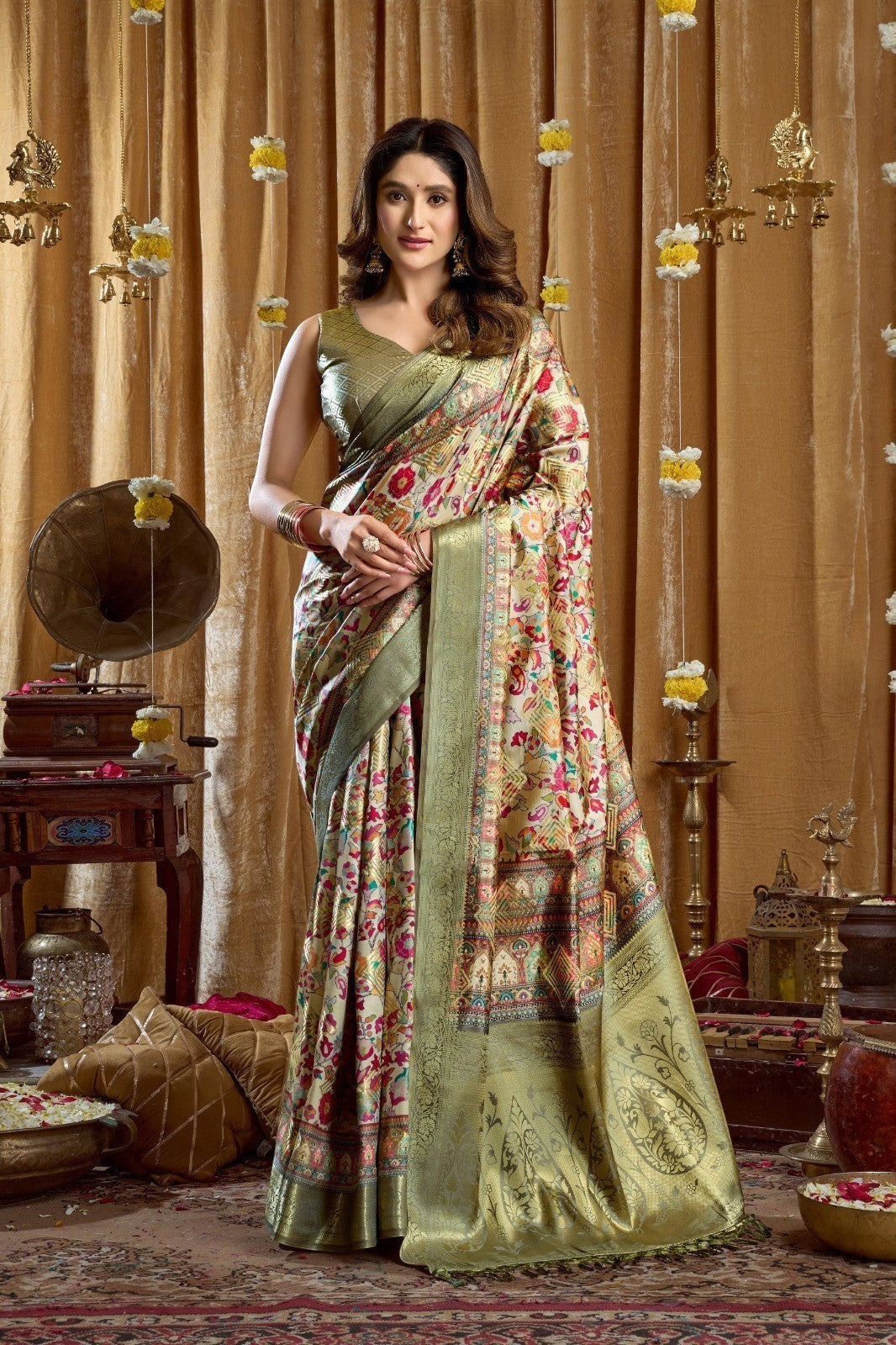 AMAB Traditional Indian Silk Sari in cream with intricate floral and paisley weave in pink, red, and green. Features a gold border and pallu.