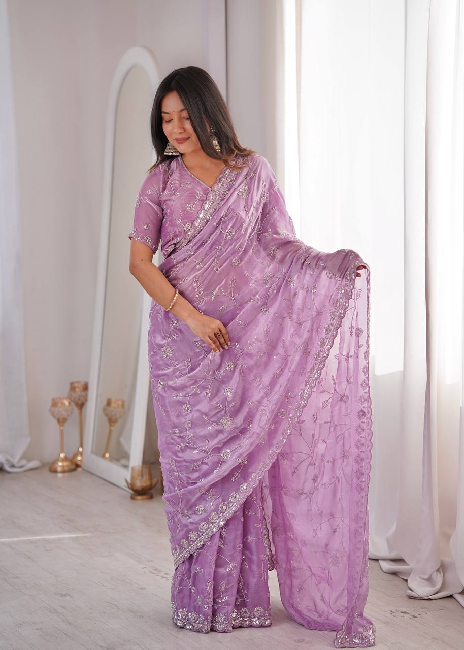 Premium Two Tone Fandy Silk Saree with Heavy Real Beads & Thread Embroidery Work | Designer Party Wear, Wedding & Festive Saree with Unstitched Blouse
