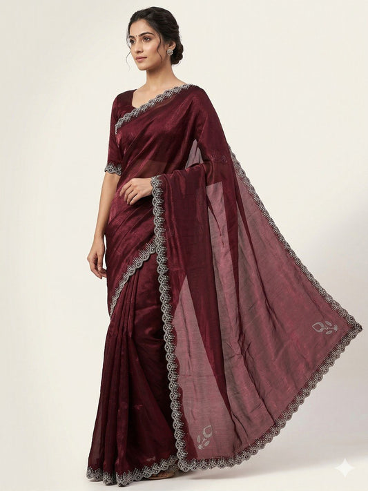 Premium Space Silk Saree with Zarkan Diamond Work | Designer Party Wear, Wedding & Festive Saree with Matching Blouse
