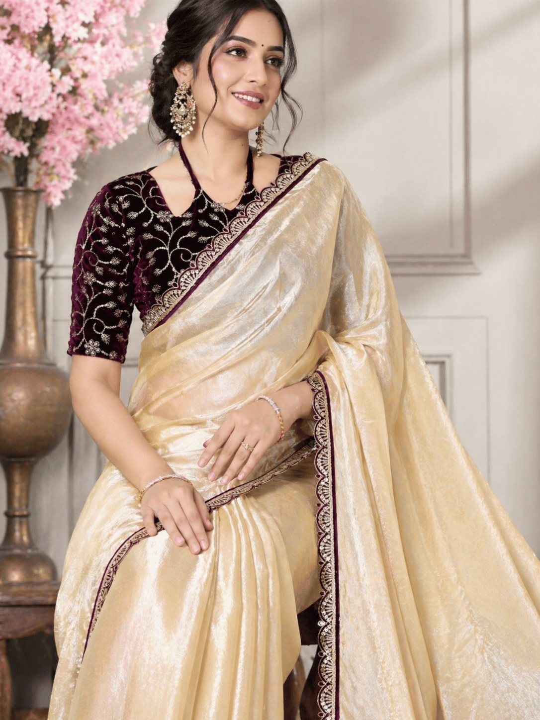 Premium Fendy Silk Saree With Velvet Blouse ✨👜
