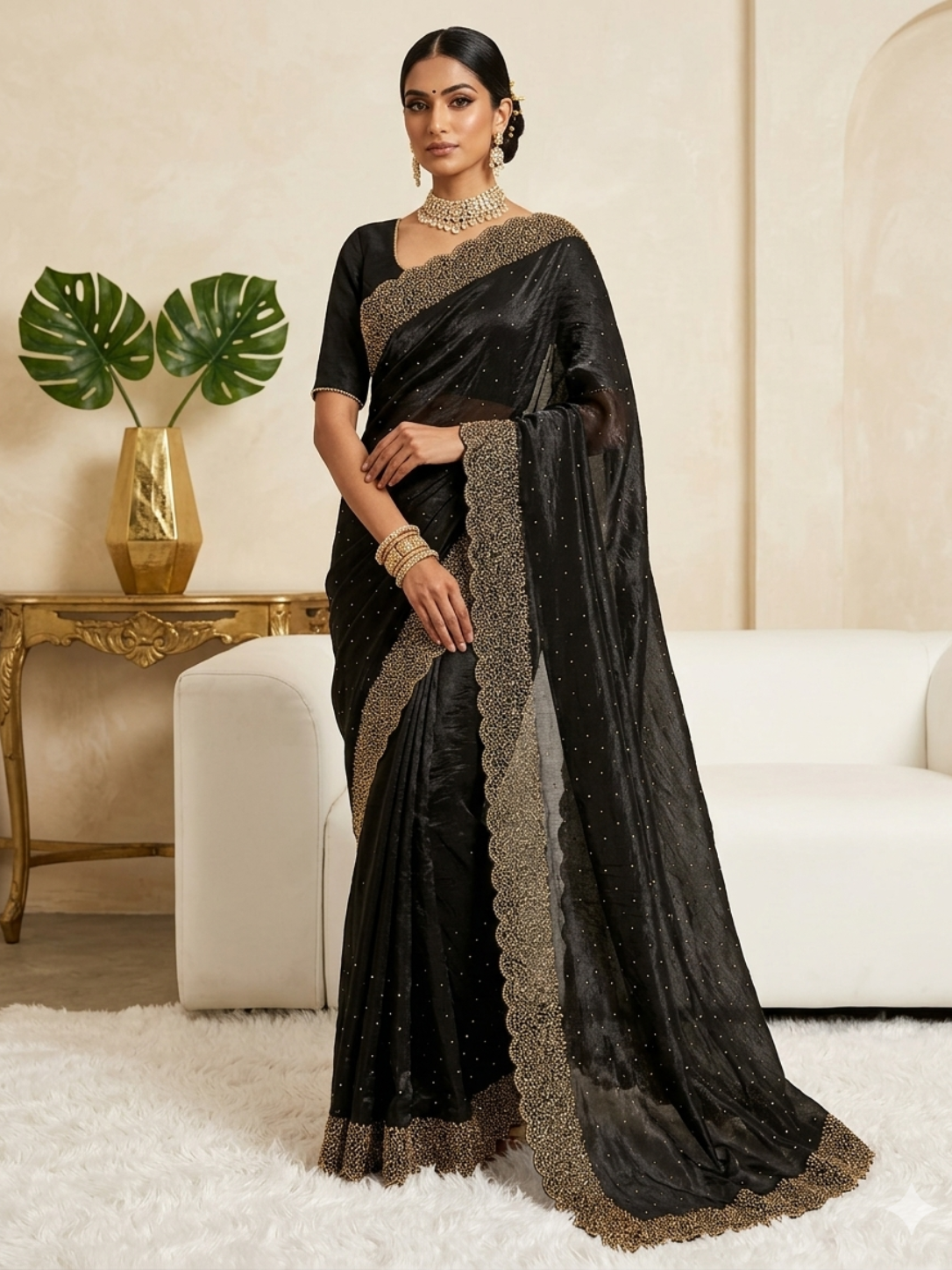 ✨ Premium Fendy Chiffon Saree with Beautiful Hand Work & Swarovski Diamond Lace Border