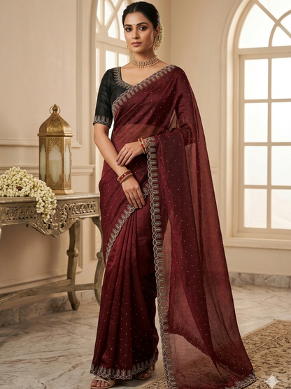 ✨ Premium Fendy Chiffon Saree with Zarkhan Hand Work & Diamond Border – Rich Designer Collection