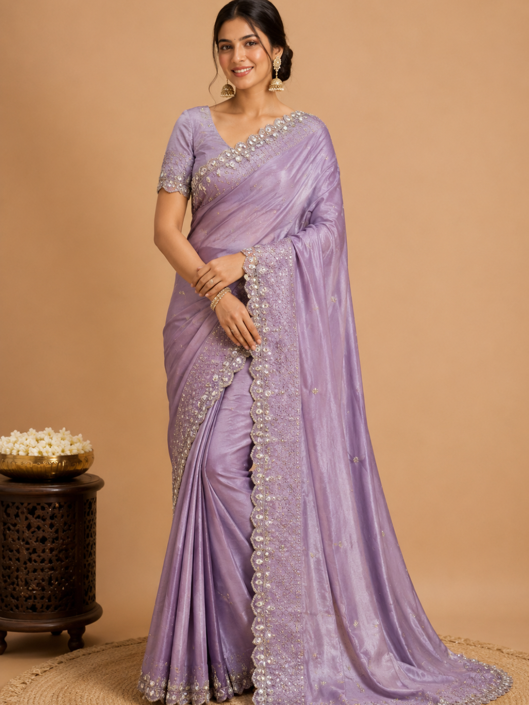 ✨ Luxury Satin Chiffon Saree with Real Beads Work – Rich Designer Party Wear Collection