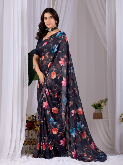 Premium Monsoon Floral Print Saree | Soft Pastel Digital Print Saree with Matching Blouse