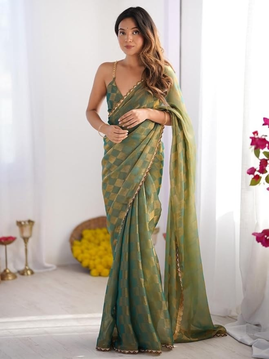 ✨ Elegant Gold Check Chiffon Saree with Beautiful Zarkha Work – Rich Designer Look