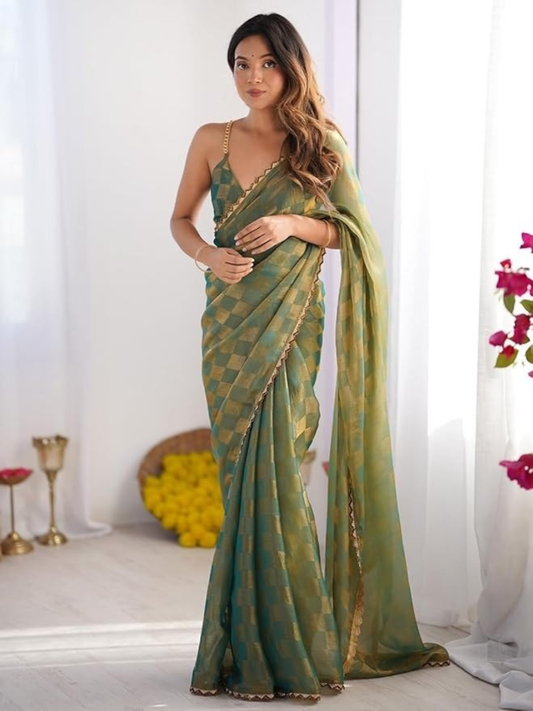✨ Elegant Gold Check Chiffon Saree with Beautiful Zarkha Work – Rich Designer Look