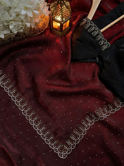 ✨ Premium Fendy Chiffon Saree with Zarkhan Hand Work & Diamond Border – Rich Designer Collection
