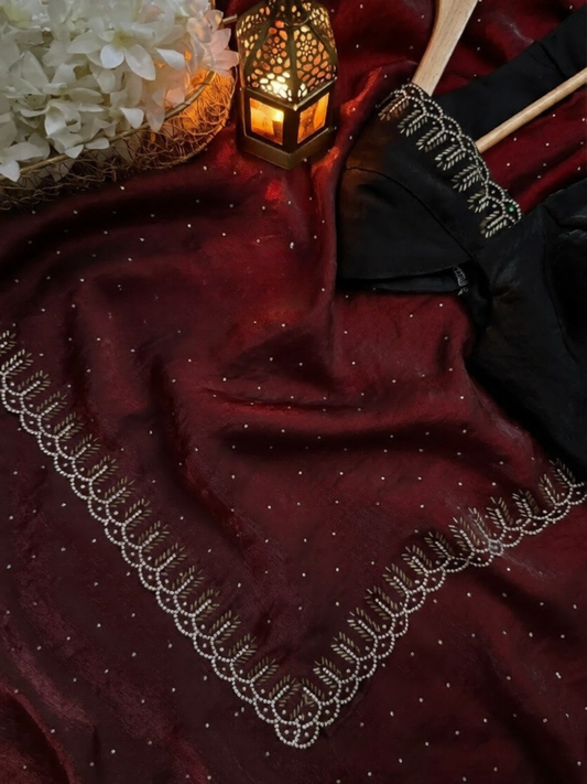 ✨ Premium Fendy Chiffon Saree with Zarkhan Hand Work & Diamond Border – Rich Designer Collection