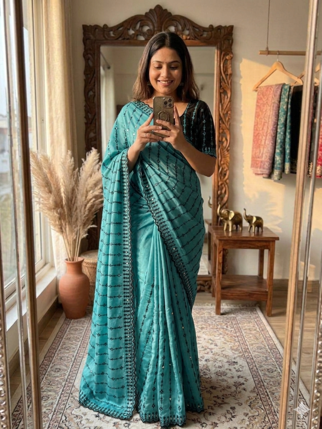 Viscose Rangoli Designer Saree | Floral Embroidery & Real Mirror Work with Scalloped Cutwork Border
