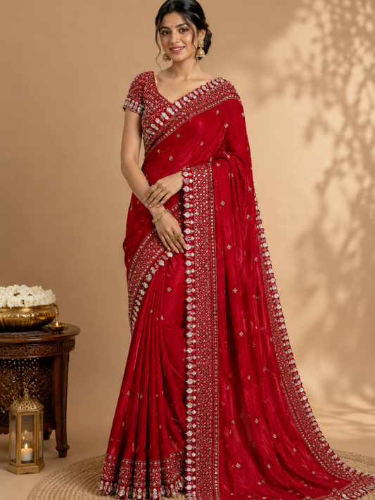 ✨ Luxury Satin Chiffon Saree with Real Beads Work – Rich Designer Party Wear Collection
