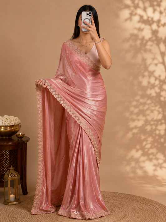 ✨ Elegant Satin Chiffon Saree with Handcrafted Real Beads Work – Luxury Designer Collection