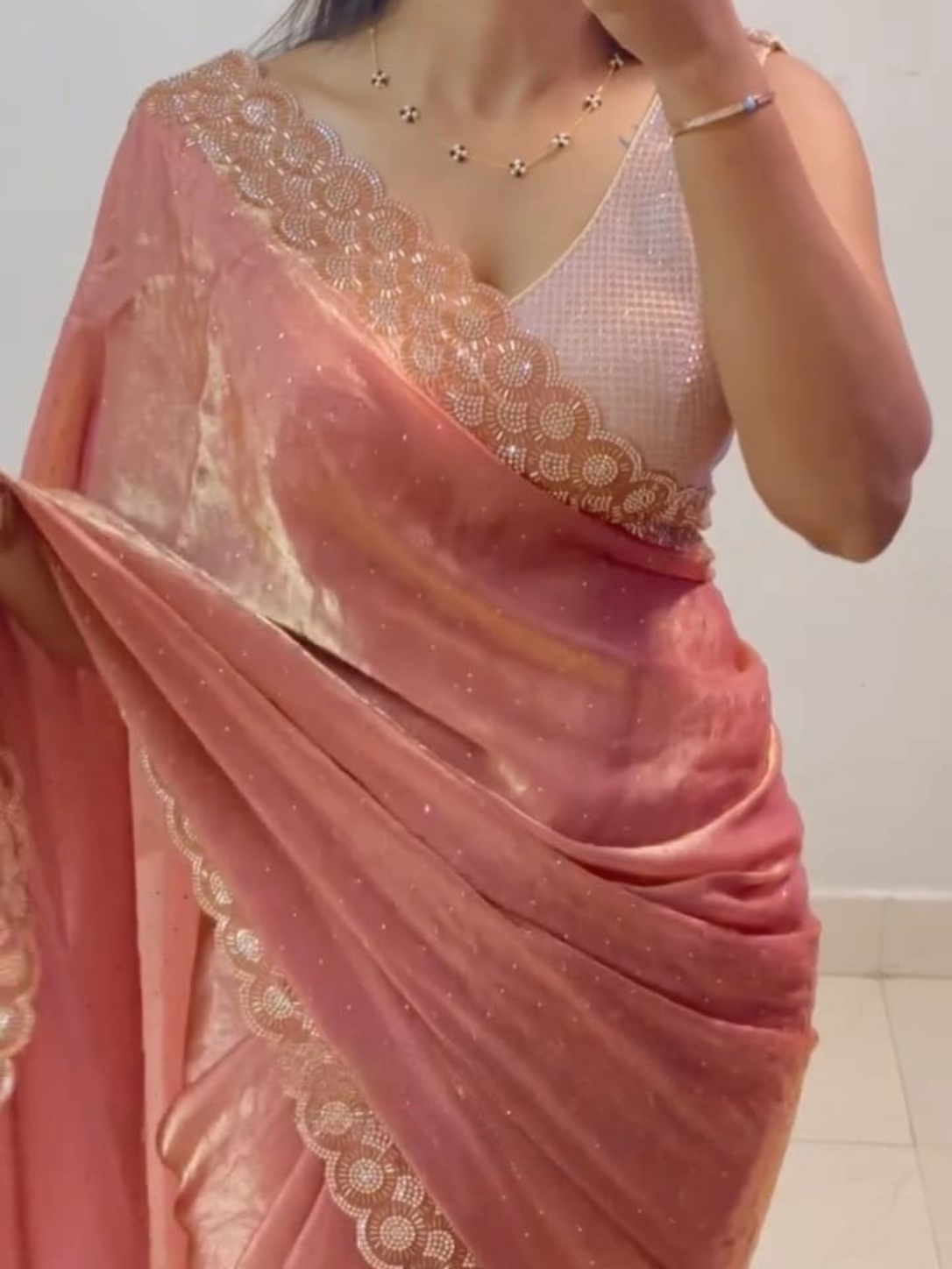 ✨ Elegant Satin Chiffon Saree with Handcrafted Real Beads Work – Luxury Designer Collection