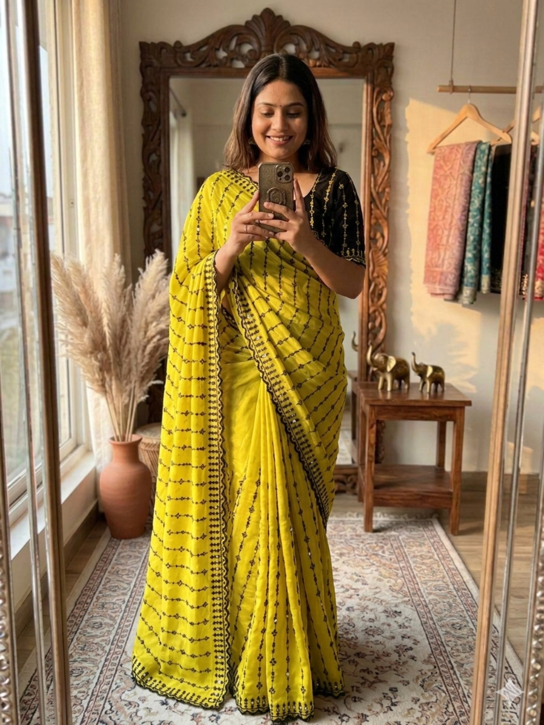 Viscose Rangoli Designer Saree | Floral Embroidery & Real Mirror Work with Scalloped Cutwork Border