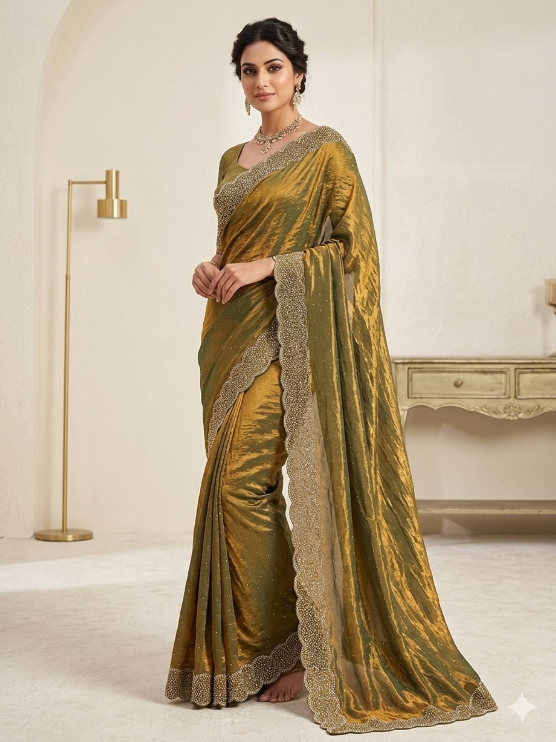 ✨ Premium Fendy Chiffon Saree with Beautiful Hand Work & Swarovski Diamond Lace Border