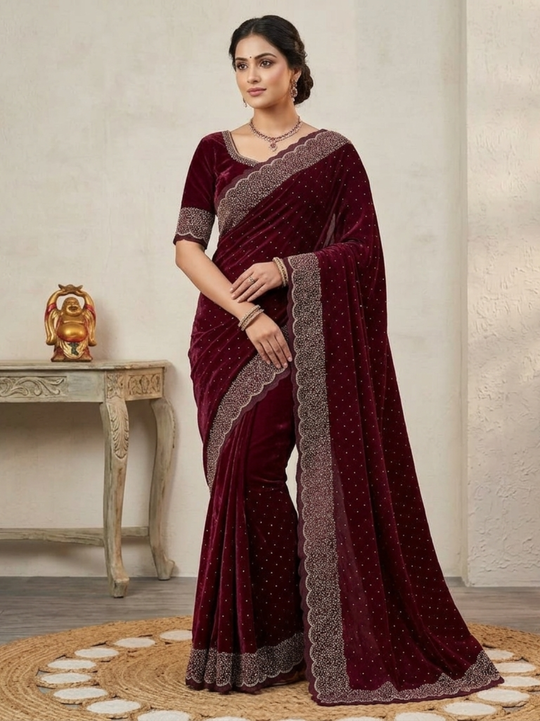 ✨ Premium Fendy Chiffon Saree with Beautiful Hand Work & Swarovski Diamond Lace Border