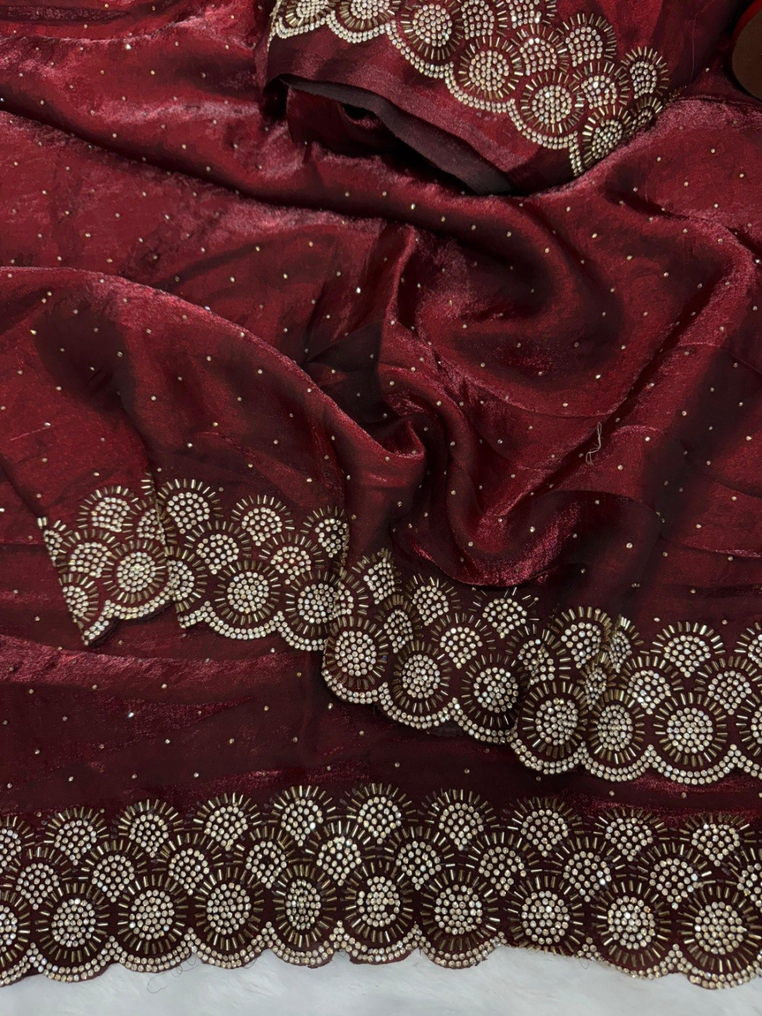 ✨ Elegant Satin Chiffon Saree with Handcrafted Real Beads Work – Luxury Designer Collection