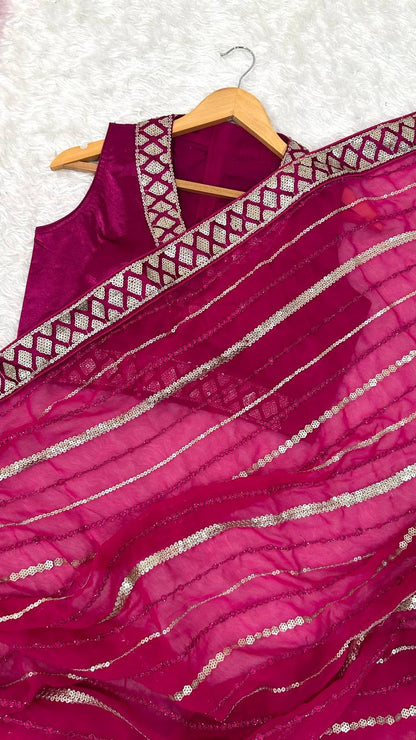 RO17407 Pink Georgette Sequins Saree with Thread & Dori Work | Party Wear Designer Saree for Women